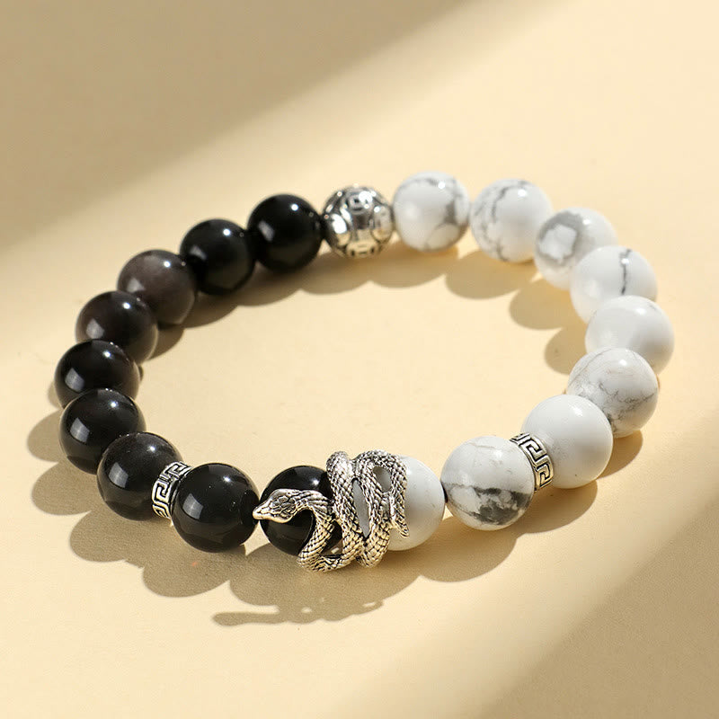 Bracelet de protection serpent en obsidienne blanche turquoise et argent brillant (8 mm) - Année 2025