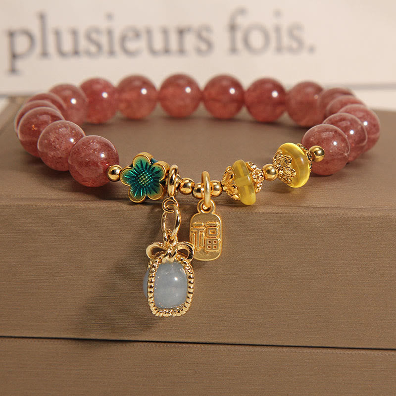 Bracelet porte-bonheur en quartz fraise et aigue-marine de 8 mm pour l'amour
