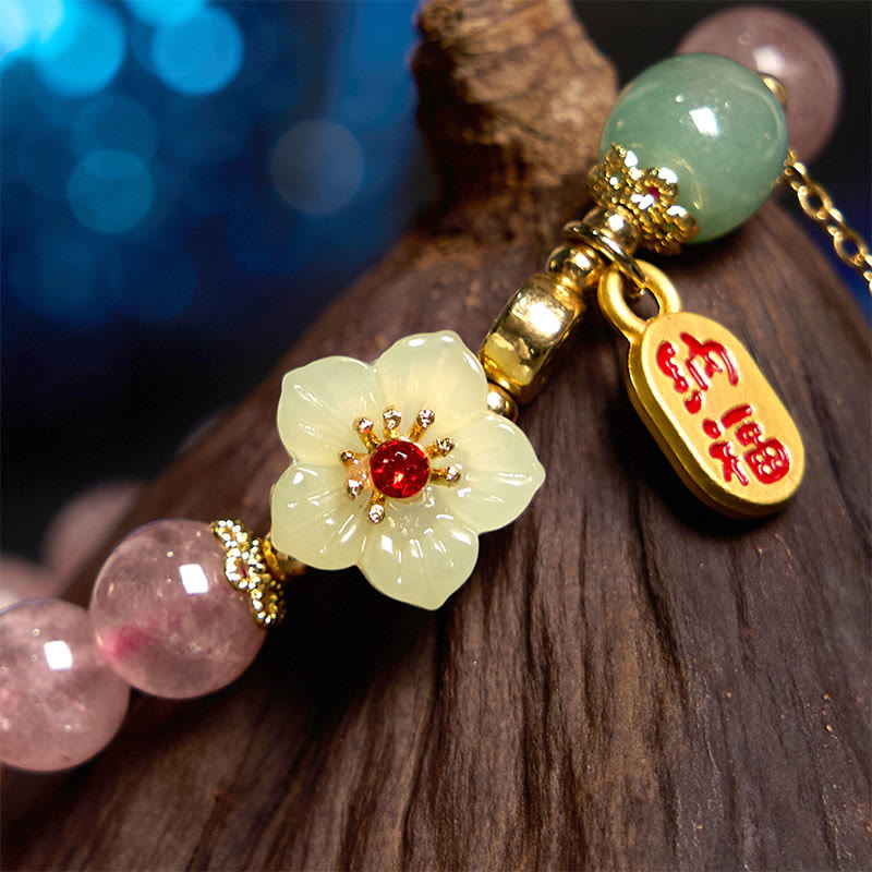Bracelet de bénédiction en quartz fraise de 8 mm avec caractère Fu