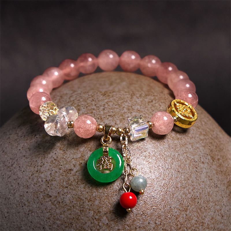 Bracelet de guérison Fu en jade et quartz fraise de 8 mm