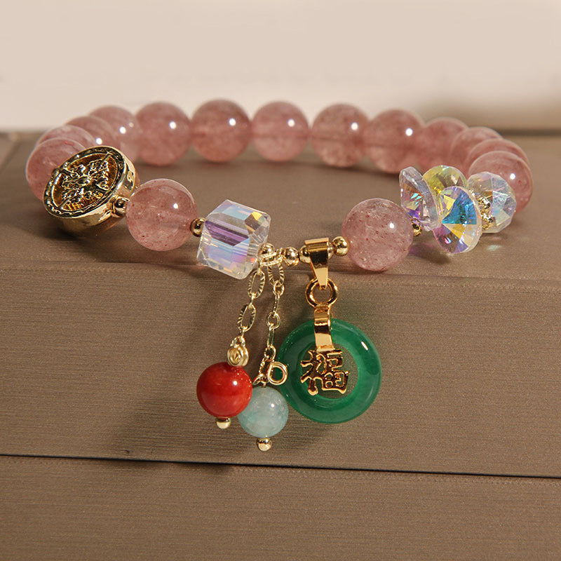 Bracelet de guérison à breloques Fu en jade et quartz fraise de 8 mm