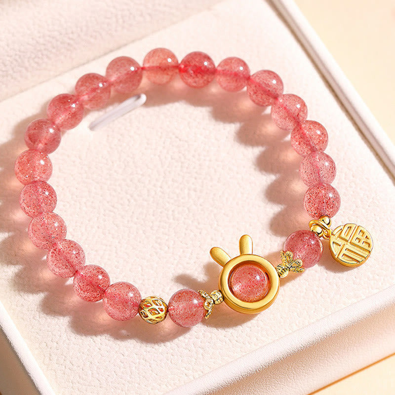 Bracelet Love en quartz fraise de 8 mm avec breloque lapin Fu