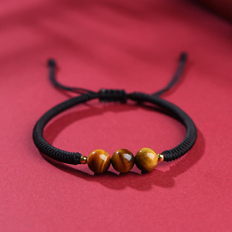 Bracelet de protection œil de tigre à trois perles de 8 mm avec corde rouge ou noire