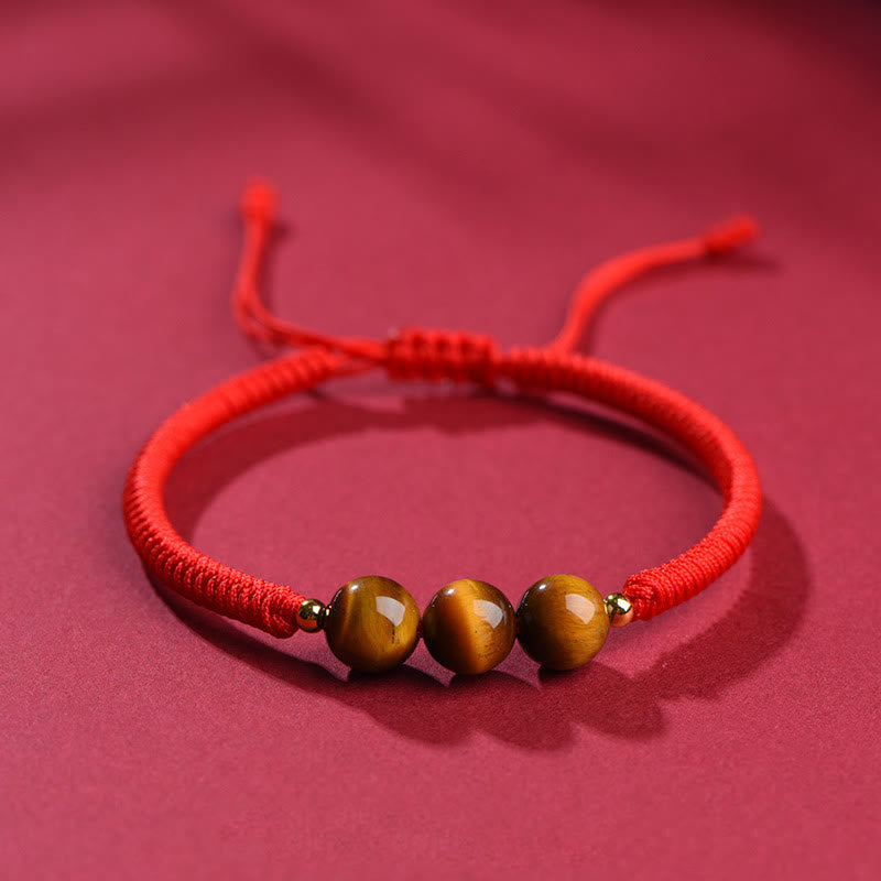 Bracelet de protection œil de tigre à trois perles de 8 mm avec corde rouge ou noire
