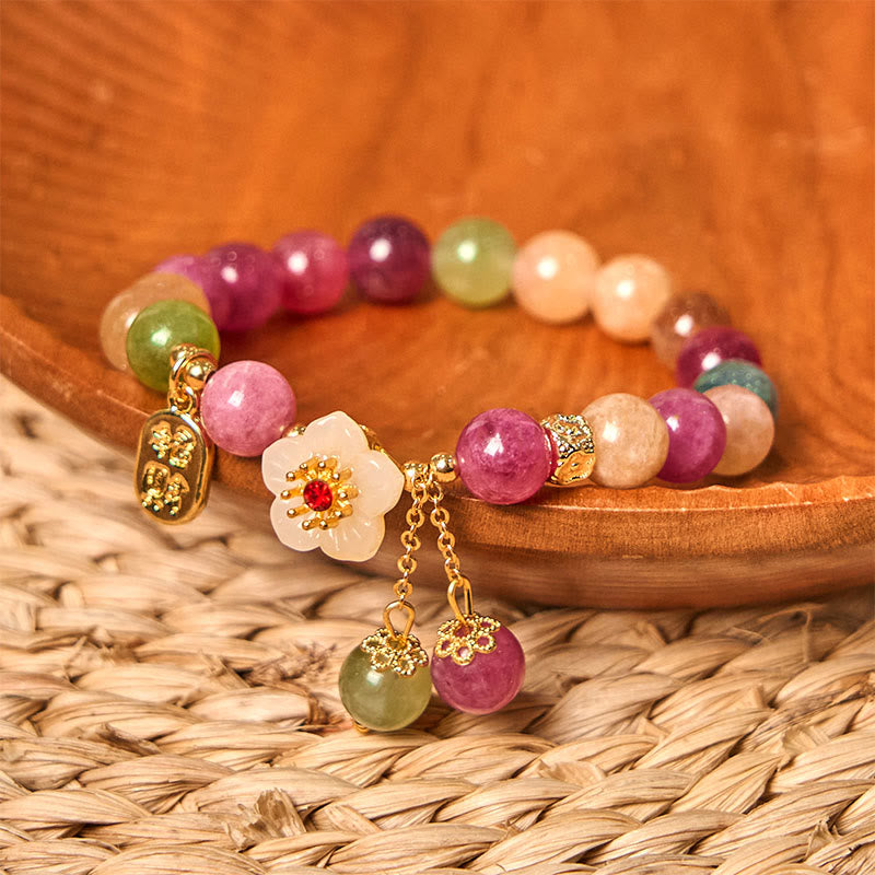 Bracelet porte-bonheur en tourmaline 8 mm avec personnage Fu pour femme