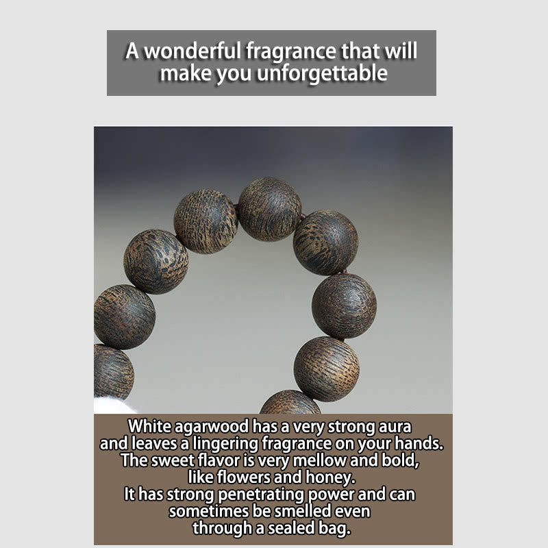 Bracelet Mala en bois d'agar Qinan blanc de 8 mm pour la paix et la force