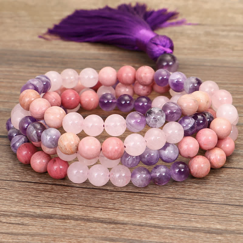 Bracelet Mala en améthyste et quartz rose, 108 perles
