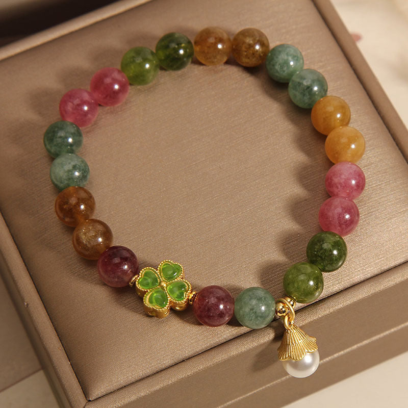 Bracelet de sagesse en tourmaline et trèfle à quatre feuilles