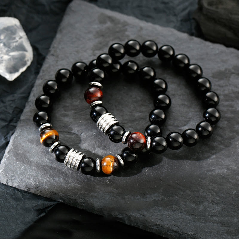 Obsidian Bracelet 10mm with Tiger Eye for Strength & Balance