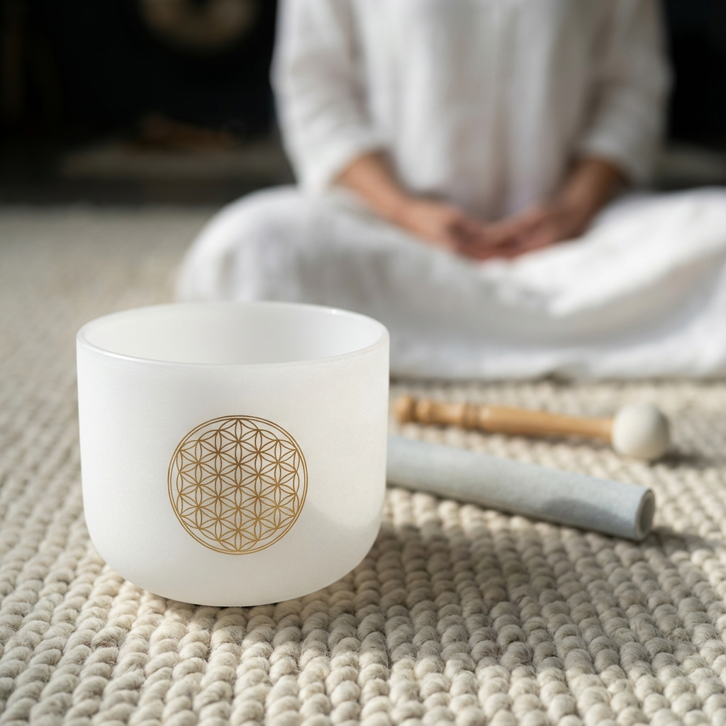 Bol en cristal givré Fleur de vie 528 Hz Note C Do aigu