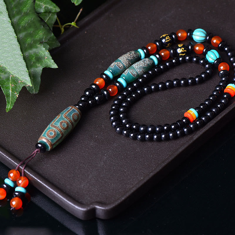 Collier de protection dragon en perles Dzi à neuf yeux 50 cm