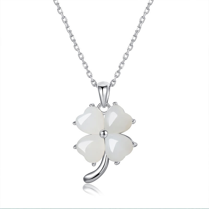 Collier porte-bonheur en argent 925 et jade Hetian avec trèfle à quatre feuilles