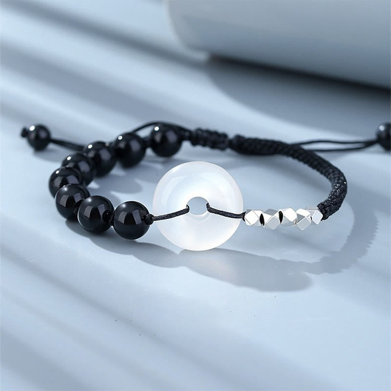 Bracelet en argent sterling 925 avec boucle de paix et obsidienne noire