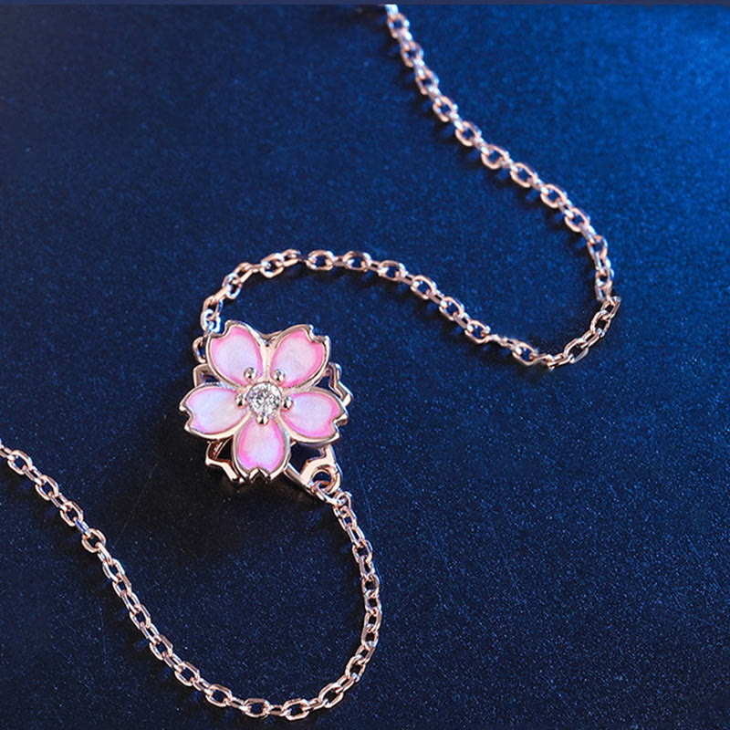 Bracelet chaîne en argent sterling 925 avec anneau rotatif et motif fleurs de cerisier