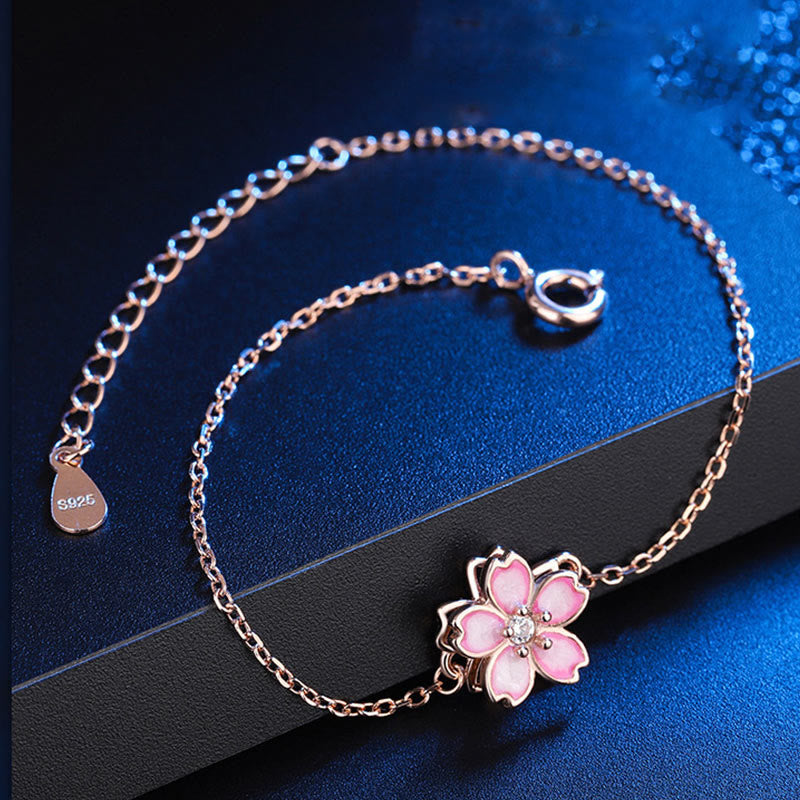 Bracelet chaîne en argent sterling 925 avec anneau rotatif et motif fleurs de cerisier
