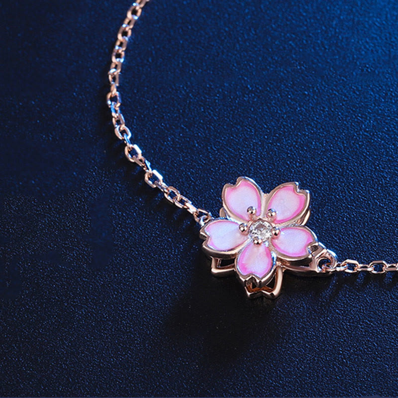 Bracelet chaîne en argent sterling 925 avec anneau rotatif et motif fleurs de cerisier