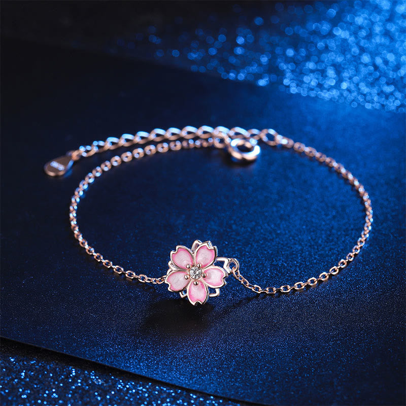 Bracelet chaîne en argent sterling 925 avec anneau rotatif et motif fleurs de cerisier
