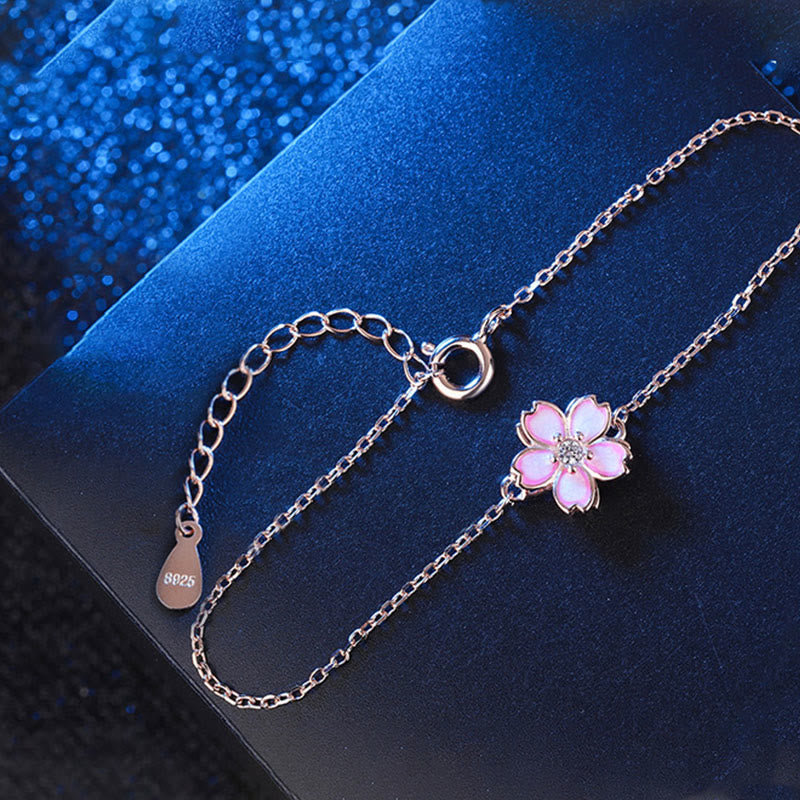Bracelet chaîne en argent sterling 925 avec anneau rotatif et motif fleurs de cerisier