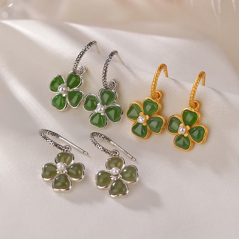 Boucles d'oreilles porte-bonheur en argent sterling 925 et jade cyan, trèfle à quatre feuilles
