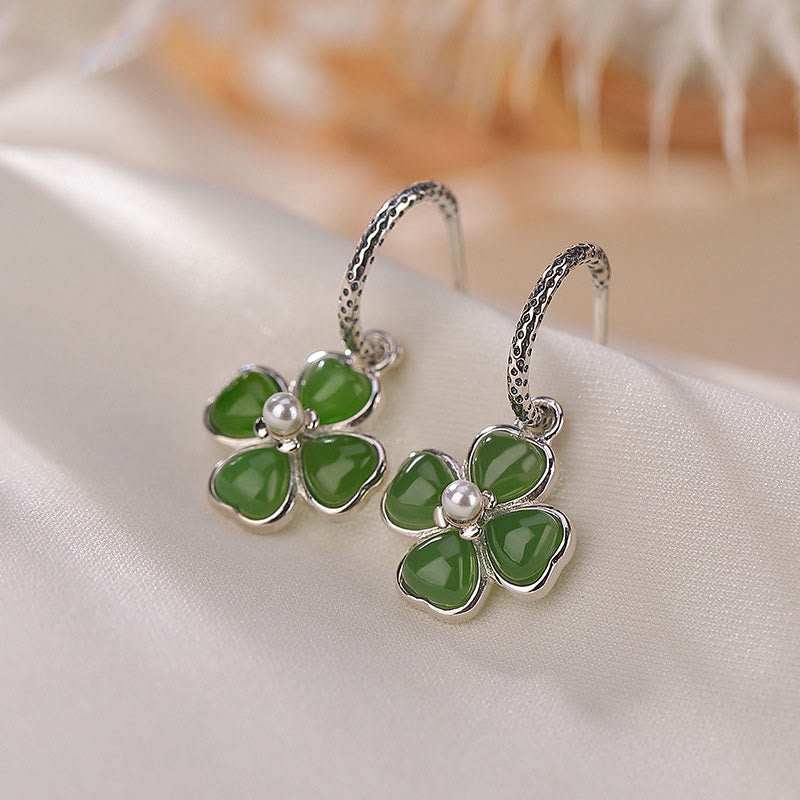 Boucles d'oreilles porte-bonheur en argent sterling 925 et jade cyan, trèfle à quatre feuilles