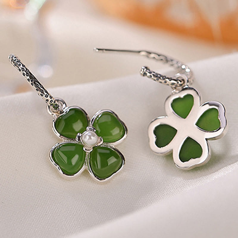 Boucles d'oreilles porte-bonheur en argent sterling 925 et jade cyan, trèfle à quatre feuilles