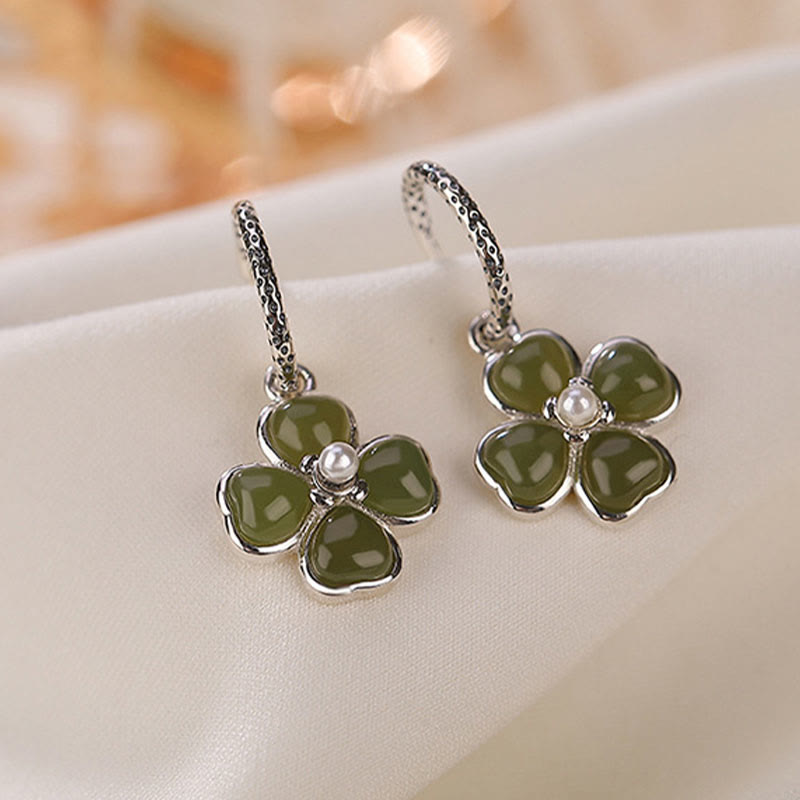 Boucles d'oreilles porte-bonheur en argent sterling 925 et jade cyan, trèfle à quatre feuilles