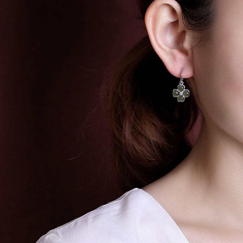 Boucles d'oreilles porte-bonheur en argent sterling 925 et jade cyan, trèfle à quatre feuilles