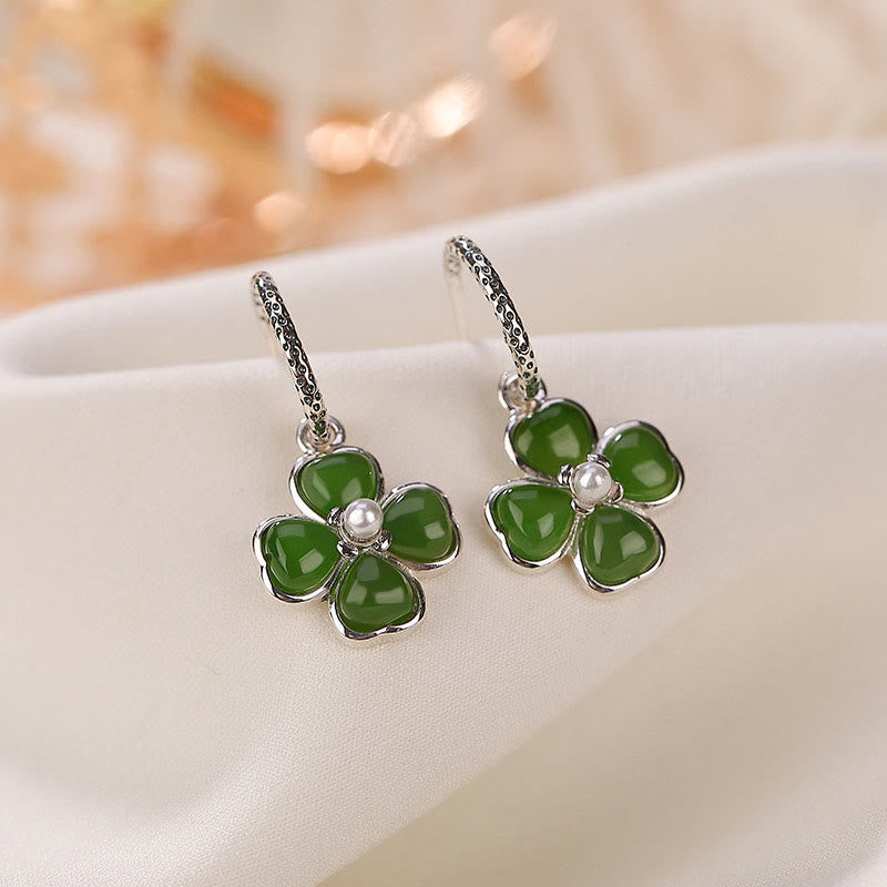 Boucles d'oreilles porte-bonheur en argent sterling 925 et jade cyan, trèfle à quatre feuilles