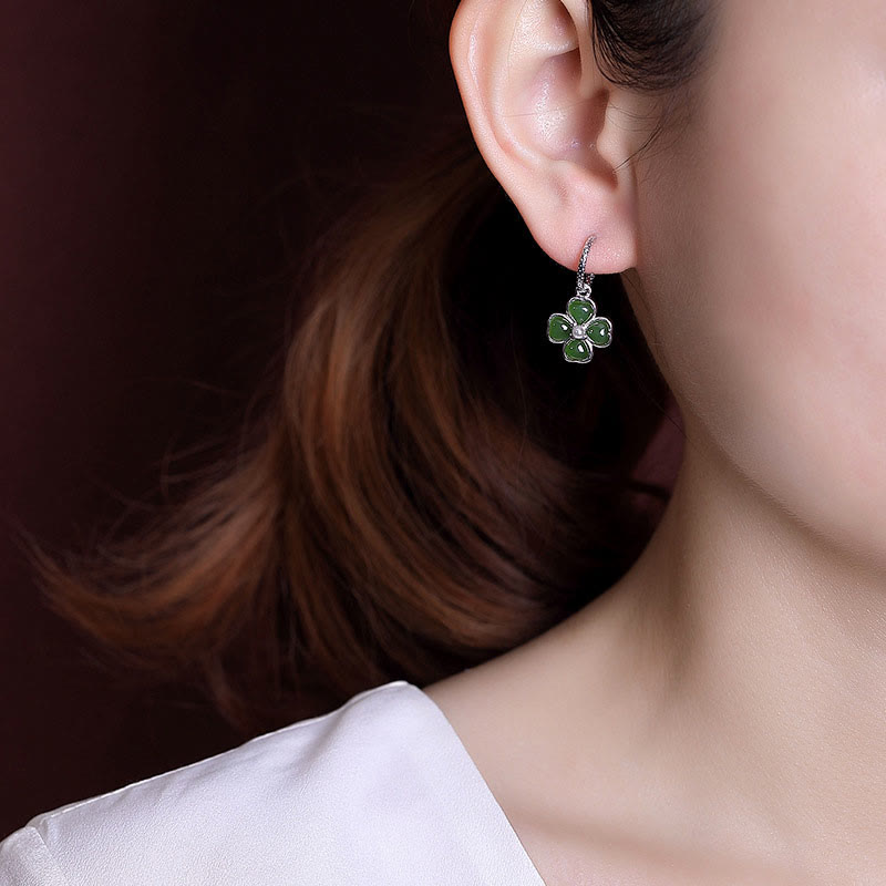 Boucles d'oreilles porte-bonheur en argent sterling 925 et jade cyan, trèfle à quatre feuilles