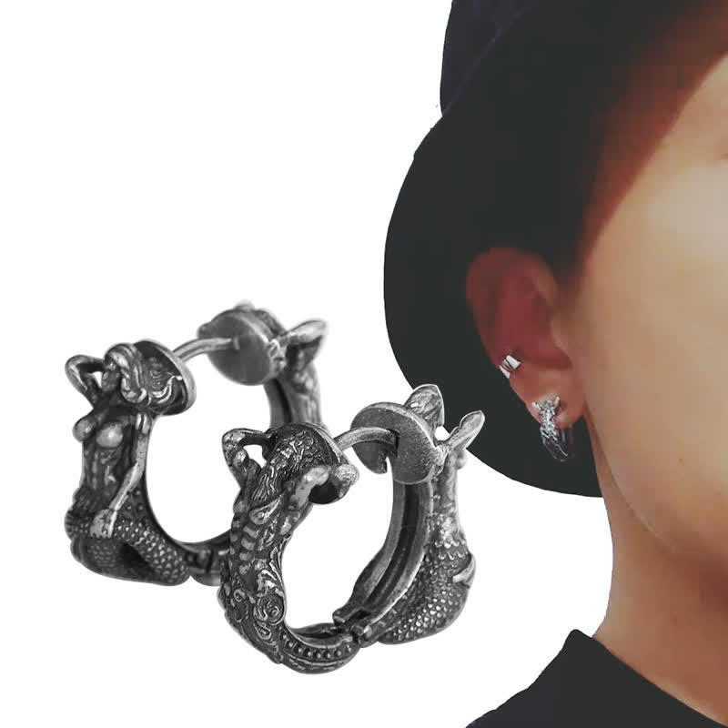 Boucles d'oreilles créoles dragon en argent sterling 925 pour la protection et la force