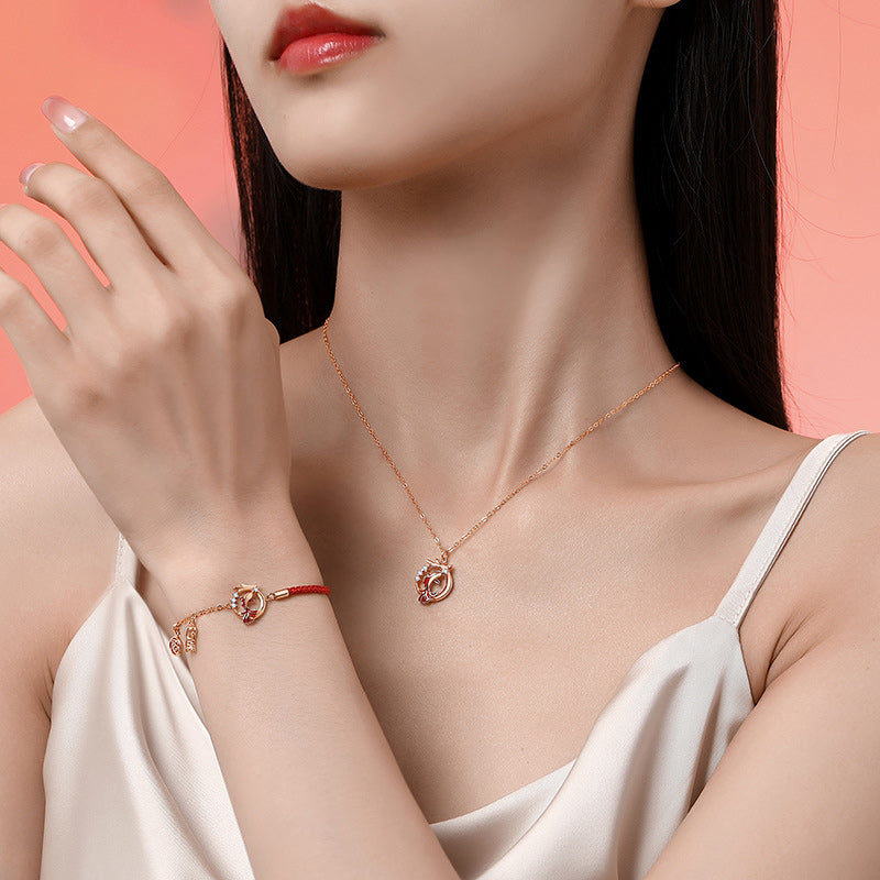 Ensemble collier et bracelet porte-bonheur en argent sterling 925 avec motif dragon et poisson koï