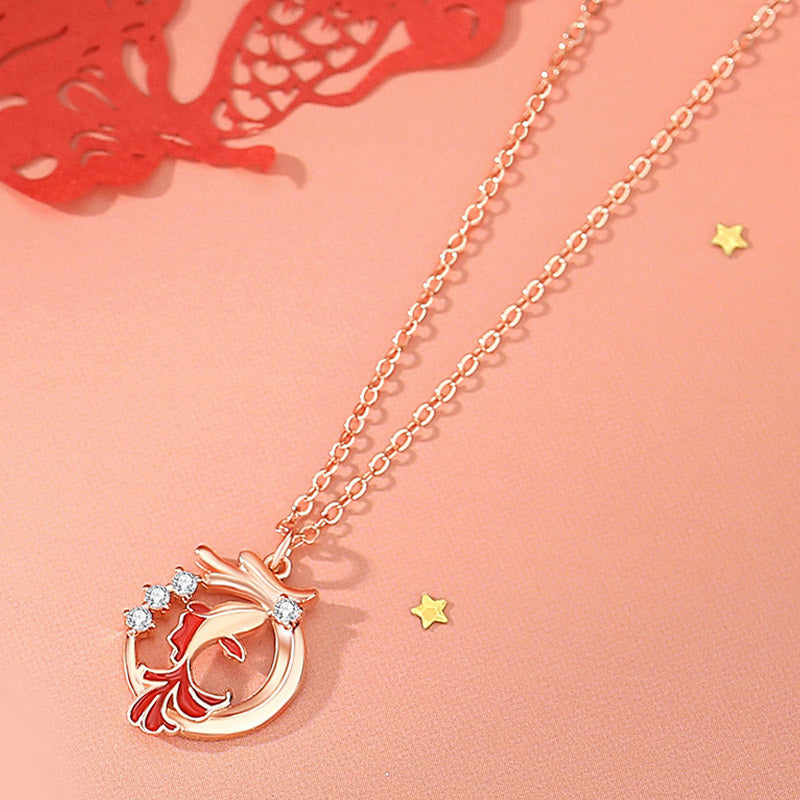Ensemble collier et bracelet porte-bonheur en argent sterling 925 avec motif dragon et poisson koï