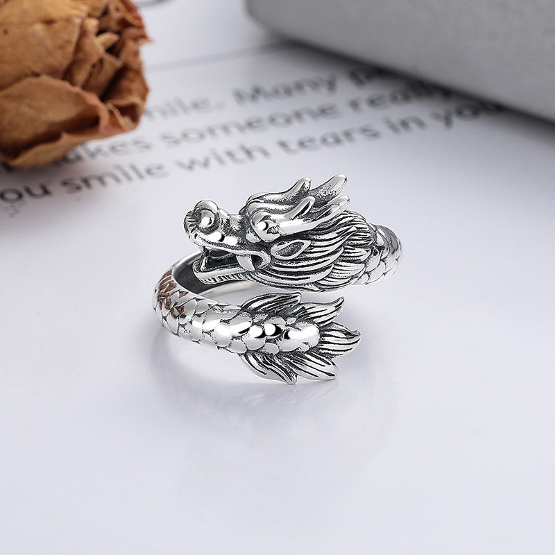 Bague Force du Dragon en argent sterling 925 | Anneau porte-bonheur ajustable