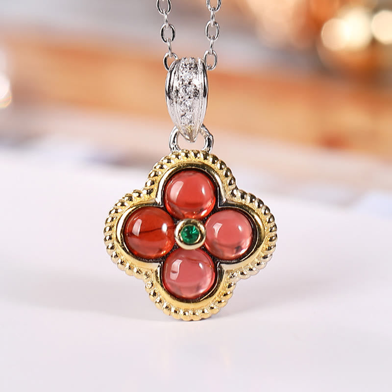 Ensemble collier et bague de protection en argent sterling 925 avec trèfle à quatre feuilles et grenat