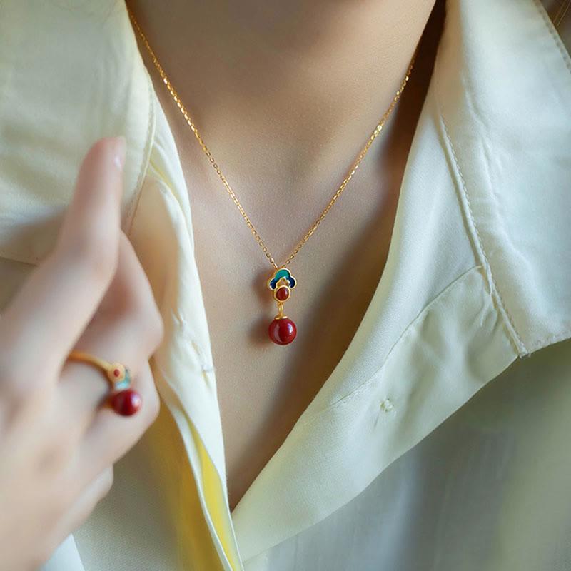 Ensemble collier, bague et boucles d'oreilles en argent sterling 925, or, cinabre et agate rouge