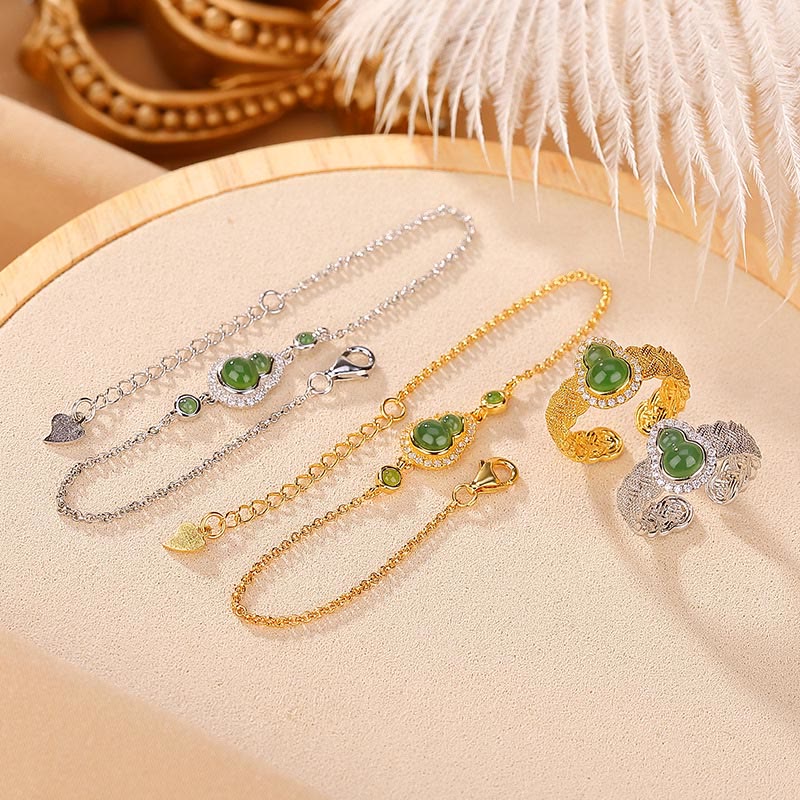 Ensemble de gourdes en jade Hetian plaqué or en argent sterling 925