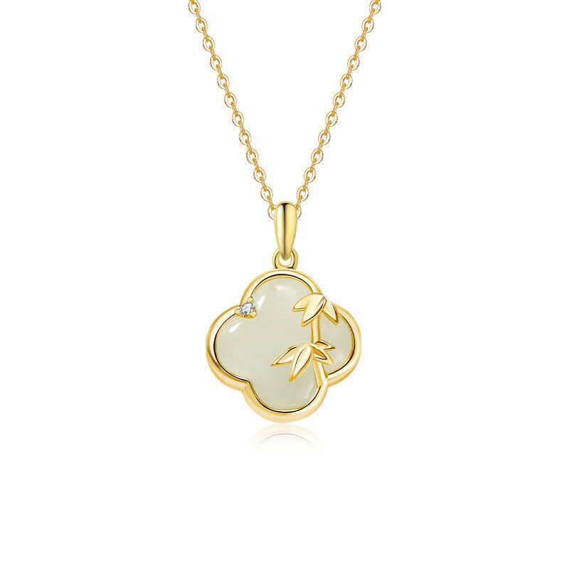 Collier en argent sterling 925 et jade Hetian, trèfle à quatre feuilles et bambou