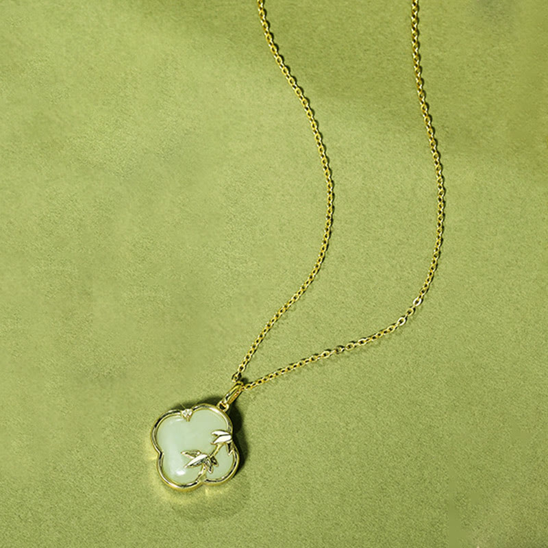 Collier en argent sterling 925 et jade Hetian, trèfle à quatre feuilles et bambou