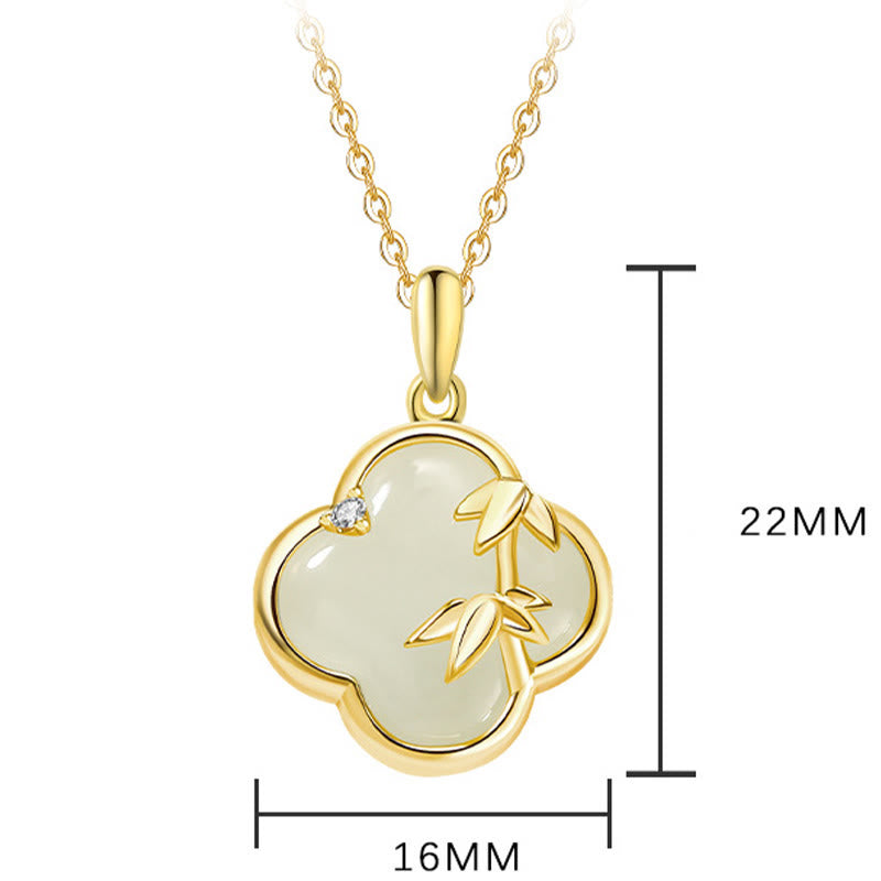 Collier en argent sterling 925 et jade Hetian, trèfle à quatre feuilles et bambou