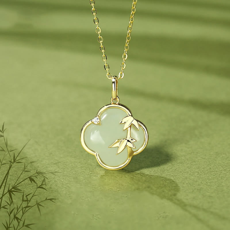 Collier en argent sterling 925 et jade Hetian, trèfle à quatre feuilles et bambou