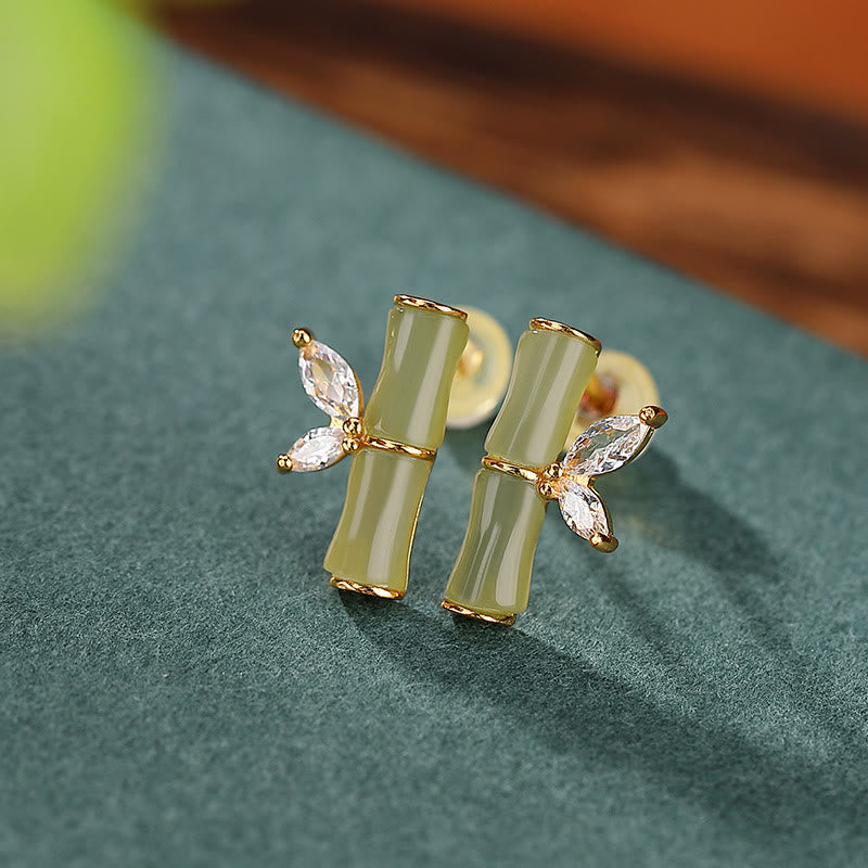 Boucles d'oreilles à tige en argent sterling 925 et jade bambou porte-bonheur