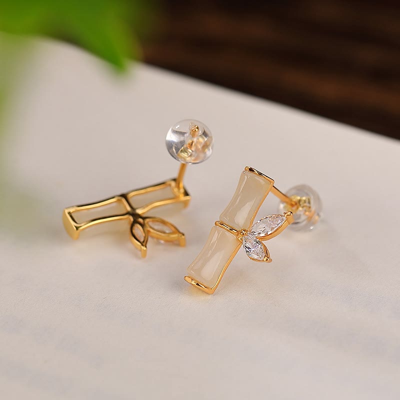 Boucles d'oreilles à tige en argent sterling 925 et jade bambou porte-bonheur