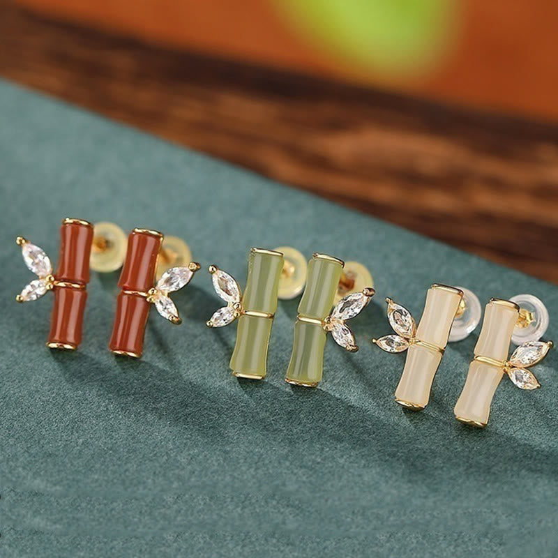 Boucles d'oreilles à tige en argent sterling 925 et jade bambou porte-bonheur