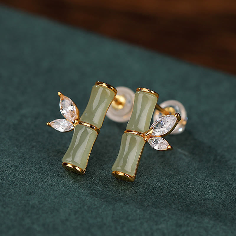 Boucles d'oreilles à tige en argent sterling 925 et jade bambou porte-bonheur