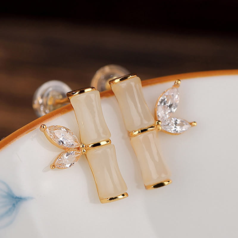 Boucles d'oreilles à tige en argent sterling 925 et jade bambou porte-bonheur