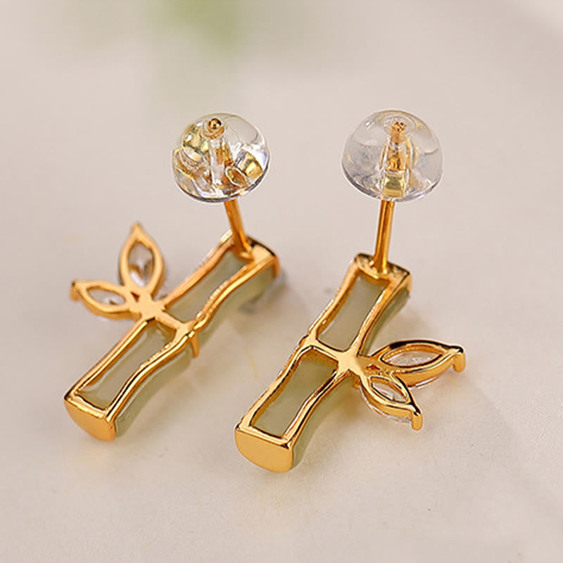 Boucles d'oreilles à tige en argent sterling 925 et jade bambou porte-bonheur