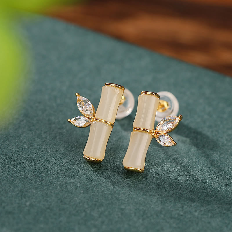 Boucles d'oreilles à tige en argent sterling 925 et jade bambou porte-bonheur