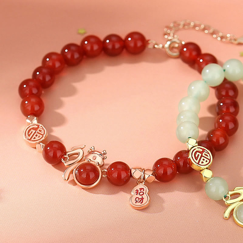 Bracelet en argent sterling 925 et jade avec gourde porte-bonheur Fu - Année du Dragon