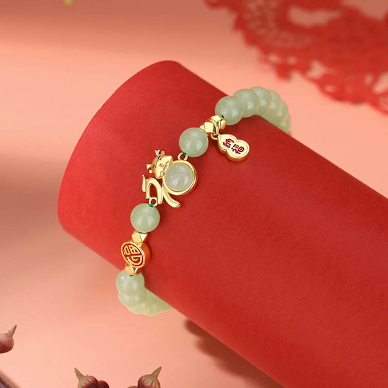 Bracelet en argent sterling 925 et jade avec gourde porte-bonheur Fu - Année du Dragon