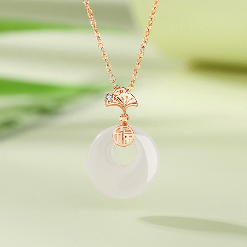 Collier en argent sterling 925 et jade avec pendentif feuille de ginkgo et papillon Harmony